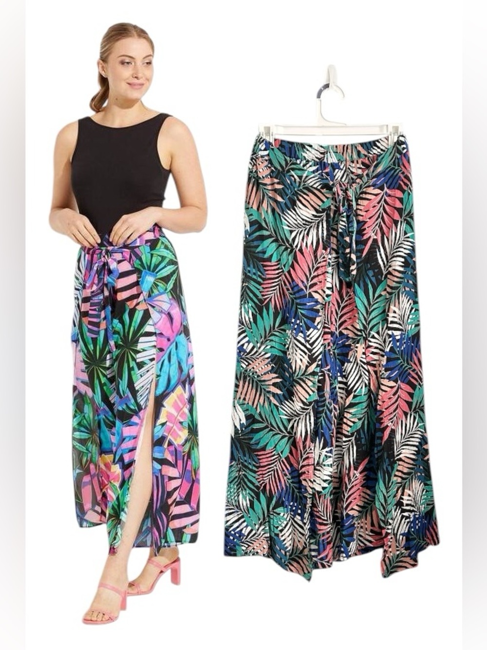 Tropical Wide-Leg Open Tie Palm Leaf Print Coverup Pants Multicolor Size XL